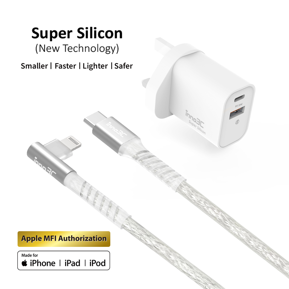 inno3C i-LP30W Super Silicon PD 30W Dual Port Fast Charger + Transparent Type-C to Lightning L-Shape Cable (White / Transparent), , large image number 0